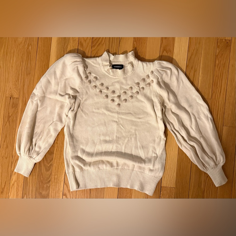 Summersalt Cream Cowl Neck Sweater with Pom Pom Accents